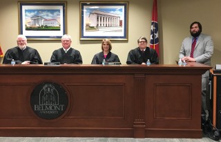 (Pictured left to right) Court of Appeals Judges - W. Neal McBrayer, Frank G. Clement, Jr., Brandon O. Gibson, Andy D. Bennett, and Belmont Assistant Professor of Law, Jeffrey Usman.