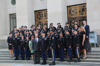 Members of the 101st Airborne Division and 5th Special Forces Group on the stairs of the TN Supreme Court Building.