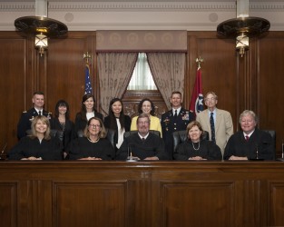 The TN Supreme Court Justices, along with new admittees, admitted through Revised Rule 7, Josie Beets, President, Military Spouse JD Network, Brigadier General Todd Royar, Deputy Commanding General of the 101st Airborne Division, and Judge George Paine.