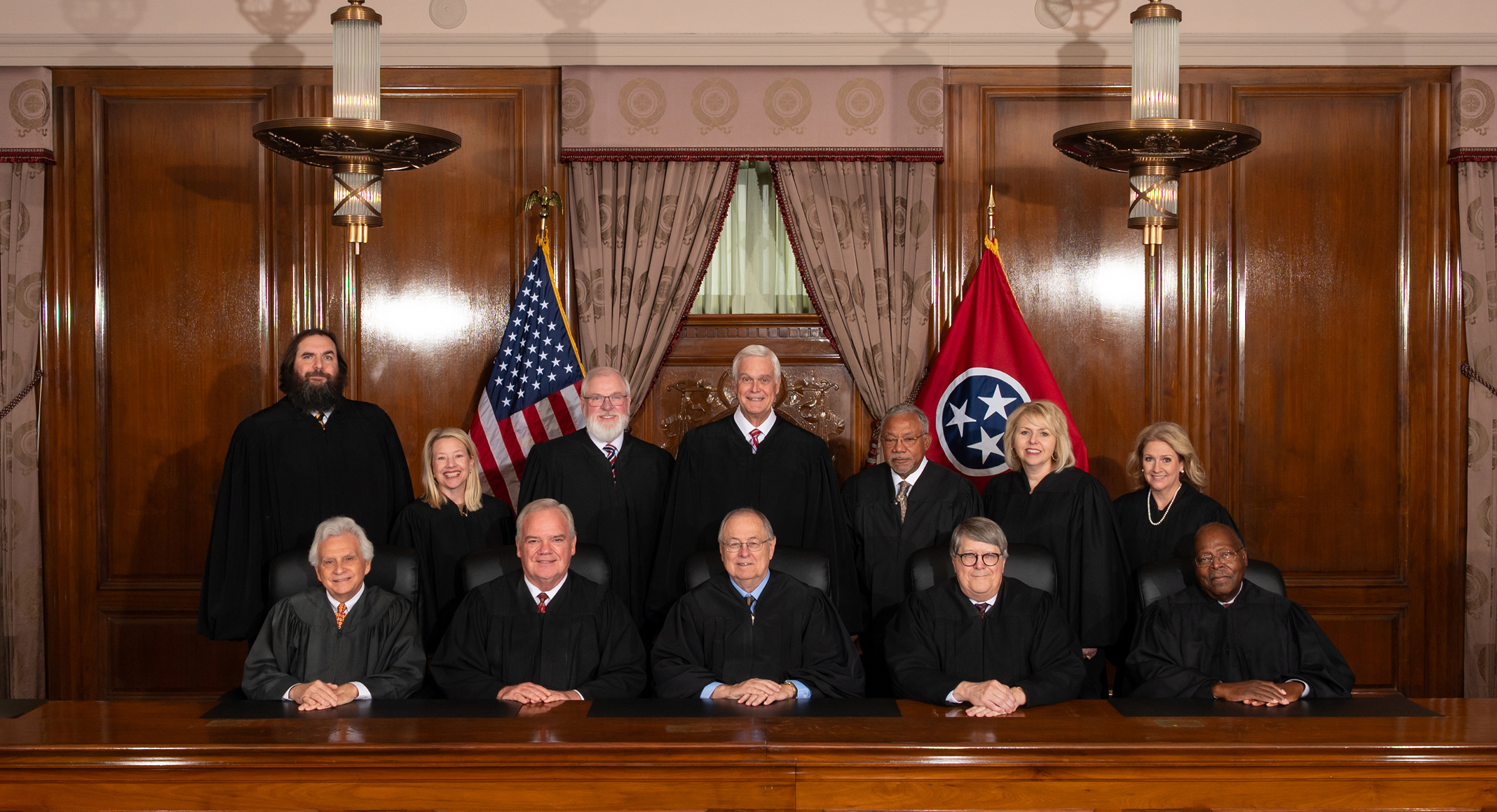 (L-R Back Row): Judge Jeffrey Usman, Judge Kristi M. Davis, Judge W. Neal McBrayer, Judge Thomas R. Frierson, II, Judge Kenny Armstrong, Judge Carma McGee, Judge Valerie L. Smith (L-R Front Row) Judge J. Steven Stafford, Judge Frank G. Clement, Jr., Judge D. Michael Swiney, Judge Andy D. Bennett, Judge John Westley McClarty